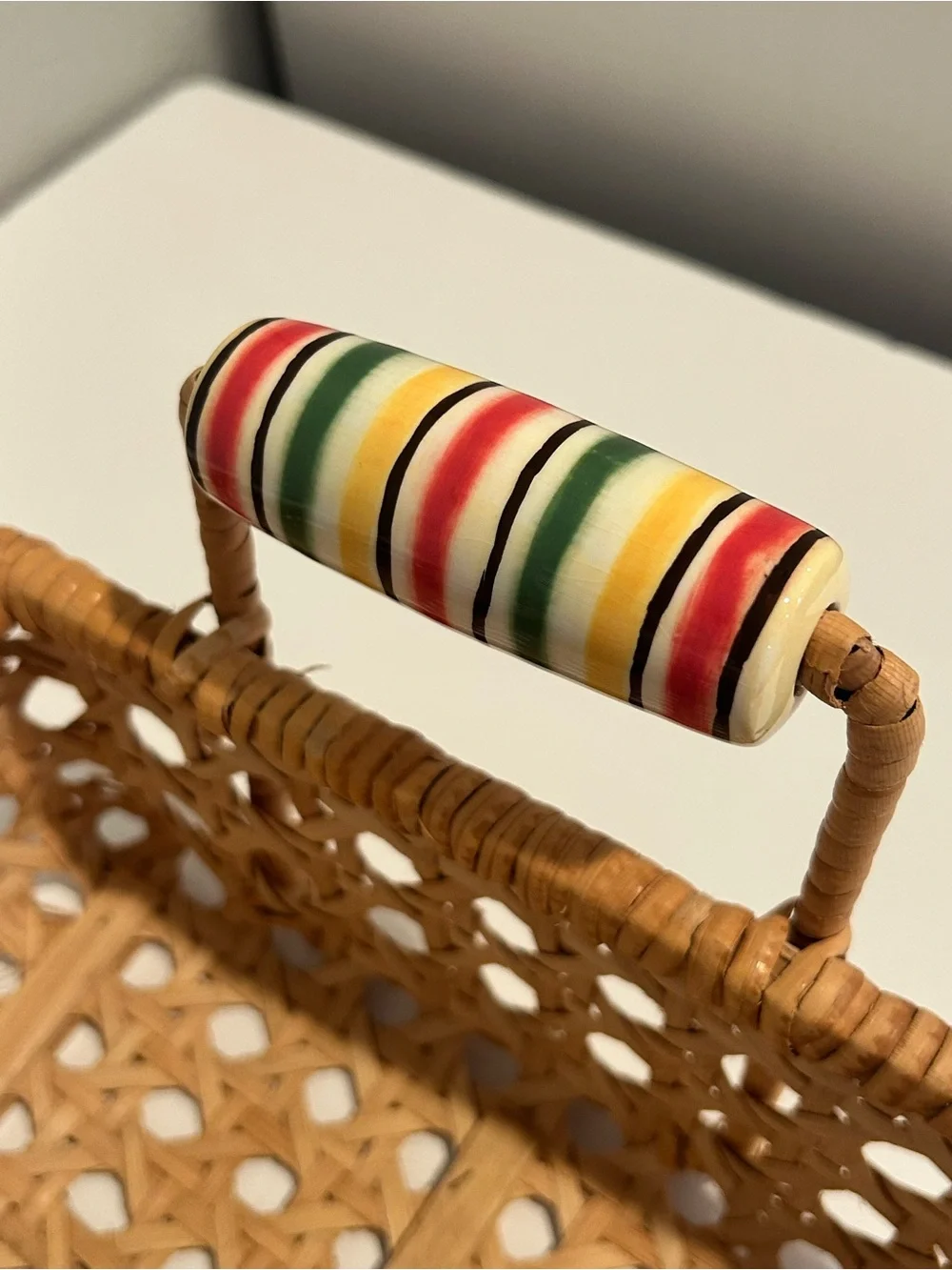 Vintage Woven Cane Serving Basket with Ceramic Handles
